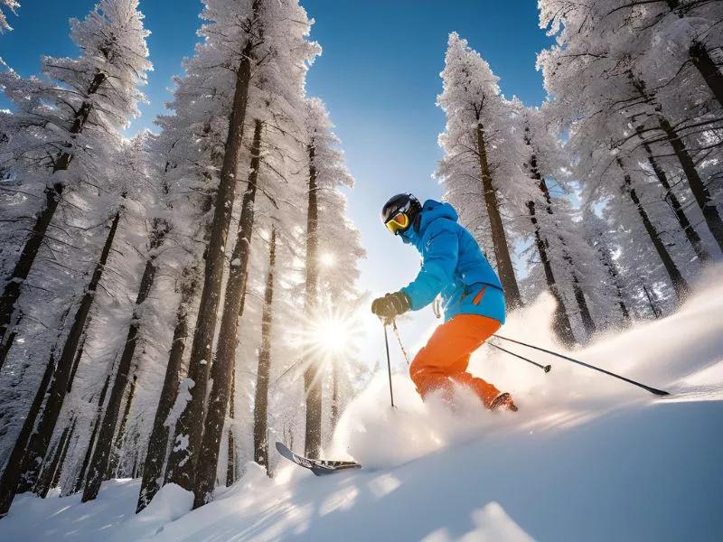 Person på ski, solen skinner og snødekte trær i bakgrunnen