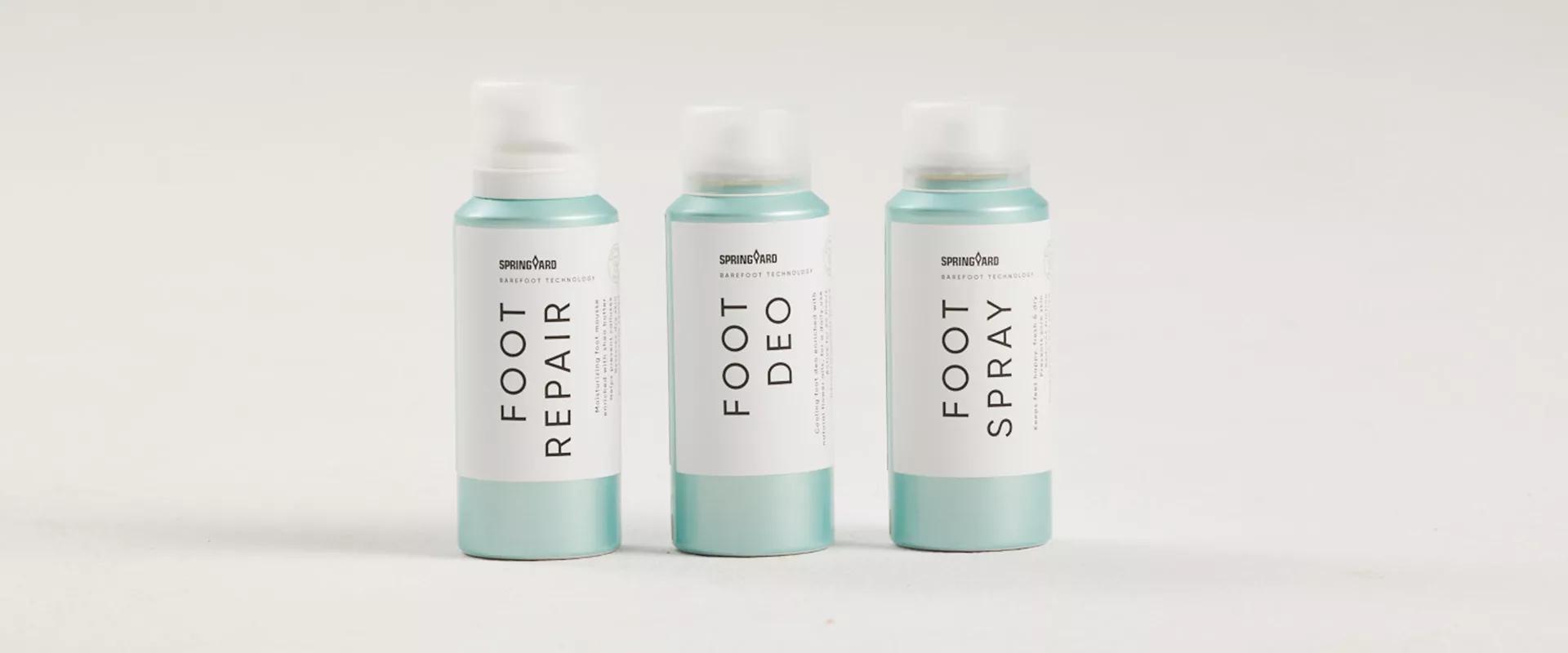 Bilde av de tre fotpleieproduktene Foot Repair, Foot Deo og Foot Spray